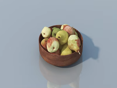 Brown Ceramic Bowl Holding Green And Red Pears On Light Blue Background With Reflection 3d model