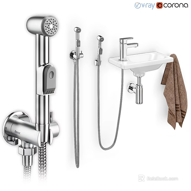 Modern Bathroom Faucet with Shower Head Sink Basin and Hanging Towel Design 3d model 