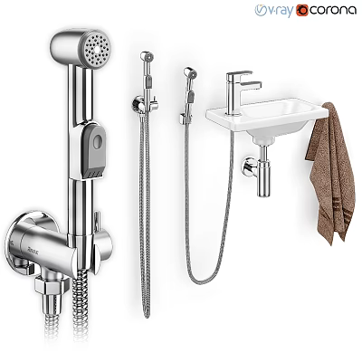 Modern Bathroom Faucet with Shower Head Sink Basin and Hanging Towel Design 3d model