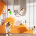Vibrant Astronaut Sculptures With Gold Accents In Orange And White Background And Wavy Display Platforms