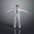 A Man in Light Blue Suit Wearing Hat with Outstretched Arms Against Gray Background