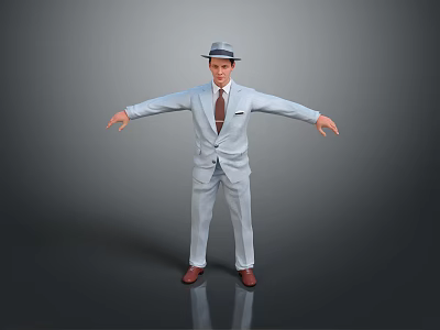 A Man in Light Blue Suit Wearing Hat with Outstretched Arms Against Gray Background 3d model