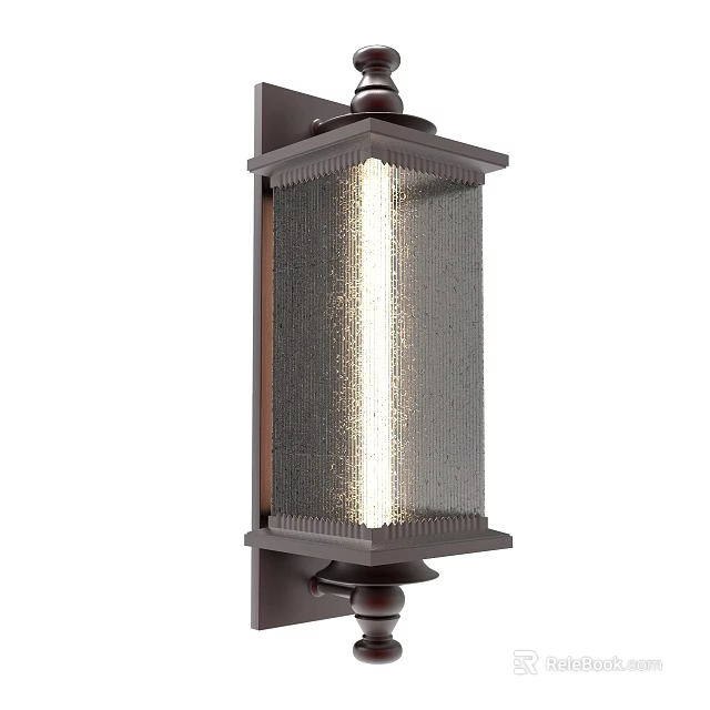 Modern Wall Sconce with Brown Metal Frame Textured Glass Shade Illuminated Warm Light Rectangular Design 3d model 