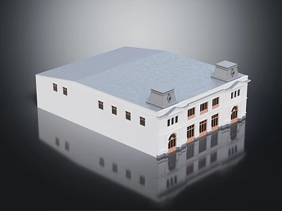 Traditional White Building With Gray Roof Decorative Towers And Brown Framed Windows 3d model