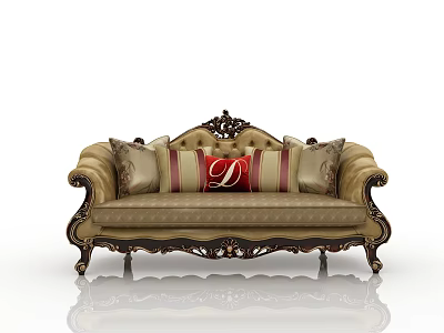 Ornate Multi Seater Sofa With Carved Details Red Accent Pillow And Beige Upholstery 3d model