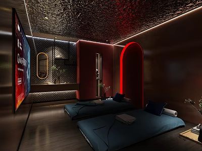 SPA Sauna Relaxation With Blue Beds Red Dark Wood Arched Doorway TV Screen Wooden Floor 3d model