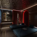 SPA Sauna Relaxation With Blue Beds Red Dark Wood Arched Doorway TV Screen Wooden Floor