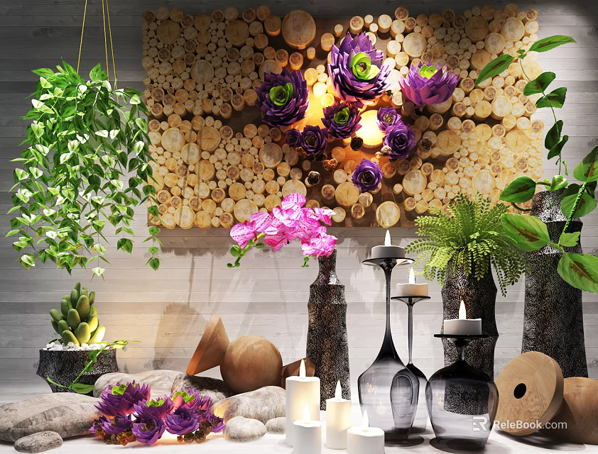 Decorative Ornament Set With Wooden Log Background Purple Pink Flowers Green Plants And Candles 3d model 