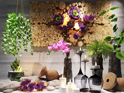 Decorative Ornament Set With Wooden Log Background Purple Pink Flowers Green Plants And Candles 3d model