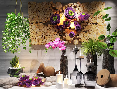 Decorative Ornament Set With Wooden Log Background Purple Pink Flowers Green Plants And Candles 3d model