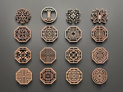 Traditional Wooden Carved Decorative Patterns With Various Geometric And Floral Motifs 3d model