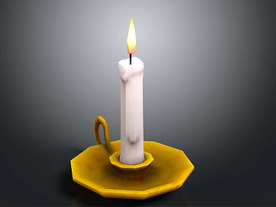 Burning White Candle On Yellow Candle Holder With Tray And Flame 3d model