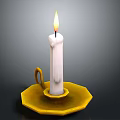 Burning White Candle On Yellow Candle Holder With Tray And Flame