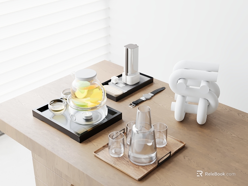 Elegant Inflatable Decor Piece on Wooden Table with Glass Containers Trays and Cups 3d model 