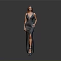 Elegant Woman in Deep Blue Gown with High Slit and High Heels on Gray Background