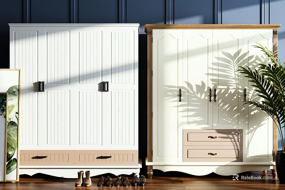 White Vertical Panel Wardrobe And Light Colored Closet With Drawers And Plant Shadow 3d model 