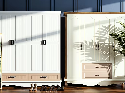 White Vertical Panel Wardrobe And Light Colored Closet With Drawers And Plant Shadow 3d model