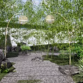 Residential Landscape With Bamboo Stone Path Lanterns And Lattice Window Green Plants