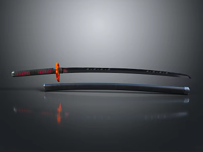 Traditional Japanese Katana Sword With Black Scabbard And Red Handle Ornament 3d model