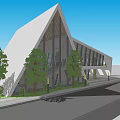 Modern Sales Office Building With Triangular Glass Facade Wooden Frame And Spacious Entrance Area