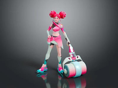 Futuristic Pink Haired Character With Colorful Creature And Roller Equipment 3d model