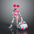Futuristic Pink Haired Character With Colorful Creature And Roller Equipment