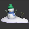 Snowman Character with Green Hat Blue Scarf and Orange Nose on Snowy Ground with Shovel