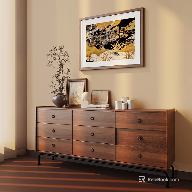 Cozy Room Corner With Wooden Dresser Decorative Items And Wall Art 3d model 