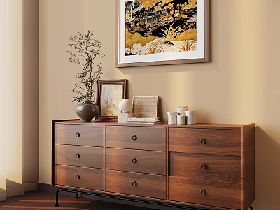 Cozy Room Corner With Wooden Dresser Decorative Items And Wall Art 3d model