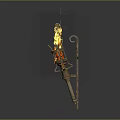 Burning Torch With Rusty Metal Construction And Flaming Fire On Bracket Against Gray Background