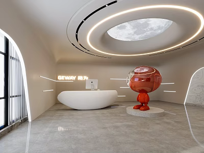 Modern Curved Reception Desk Interior With NEWAY Logo Red Sculpture And Moon Ceiling Lighting 3d model