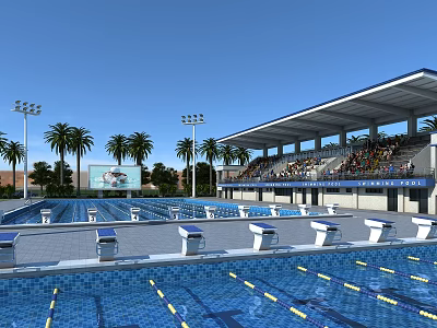 Large Outdoor Swimming Pool With Starting Blocks Spectator Seats And Palm Trees 3d model