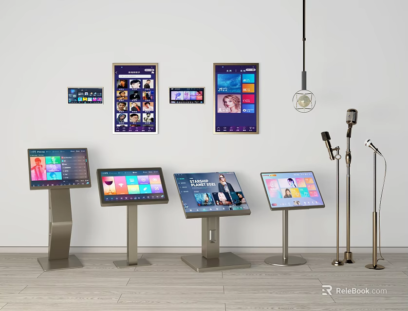 Commercial Equipment Featuring Interactive Displays Wall-Mounted Screens Floor-Standing Kiosks And Microphones 3d model 