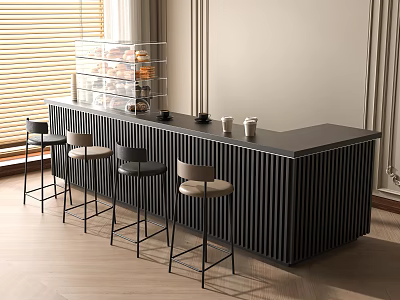Modern Black Vertical Slat Bar Counter Interior With Beige Padded Bar Stools And Cups 3d model