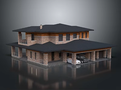 Two Story Brick House With Black Roof Garage Balcony And Car Design 3d model
