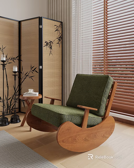 Green Upholstered Leisure Chair With Wooden Frame Side Table Bamboo Decor And Wooden Blinds 3d model 