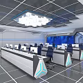 Modern Office Workdesks With Multiple Monitors Tech Background Large Screen And Data Charts 3d model