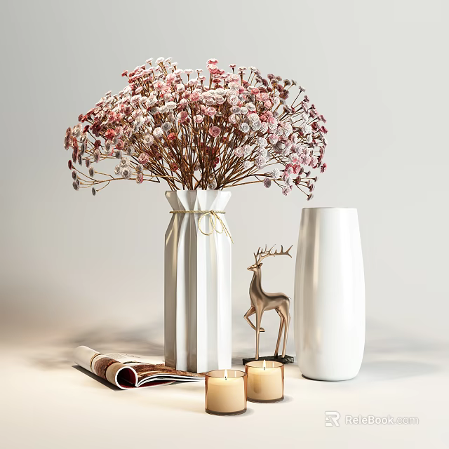 Stylish Decorative Ornament Set with Dried Flowers in White Vase Deer Figurine Candles and Magazine 3d model 