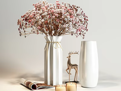 Stylish Decorative Ornament Set with Dried Flowers in White Vase Deer Figurine Candles and Magazine 3d model