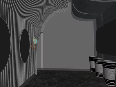 Modern Public Restroom With Curved Design Striped Walls Circular Decorations And Trash Bins 3d model