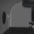 Modern Public Restroom With Curved Design Striped Walls Circular Decorations And Trash Bins