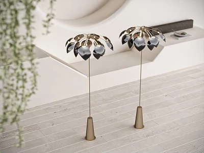Modern Floor Lamp with Petal Shaped Shades Metallic Stand Black and Silver Accents 3d model