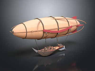 Retro Aerospace Airship With Brown Envelope Red Wings And Suspended Cabin Structure 3d model