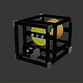 Black Frame Cube Structure With Yellow Circular Object Blue Dots And Mechanical Components