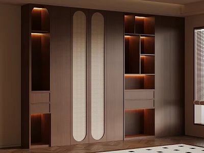 Modern Wooden Bookcase With LED Lighting Open Shelves And Cabinet Doors 3d model