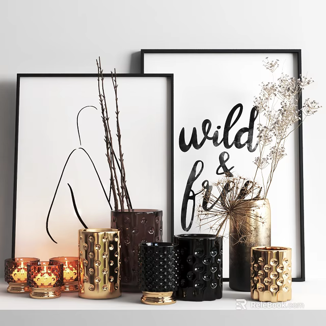 Modern Decorative Ornament Set With Framed Art Dried Branches And Metallic Vases 3d model 