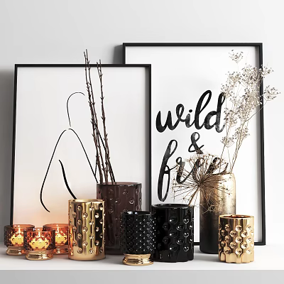 Modern Decorative Ornament Set With Framed Art Dried Branches And Metallic Vases 3d model