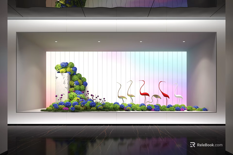 Vibrant Indoor Landscape With Colorful Plants Flamingo Ornaments And Rainbow Backdrop 3d model 