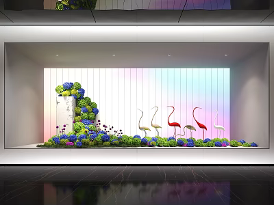 Vibrant Indoor Landscape With Colorful Plants Flamingo Ornaments And Rainbow Backdrop 3d model