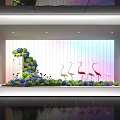 Vibrant Indoor Landscape With Colorful Plants Flamingo Ornaments And Rainbow Backdrop